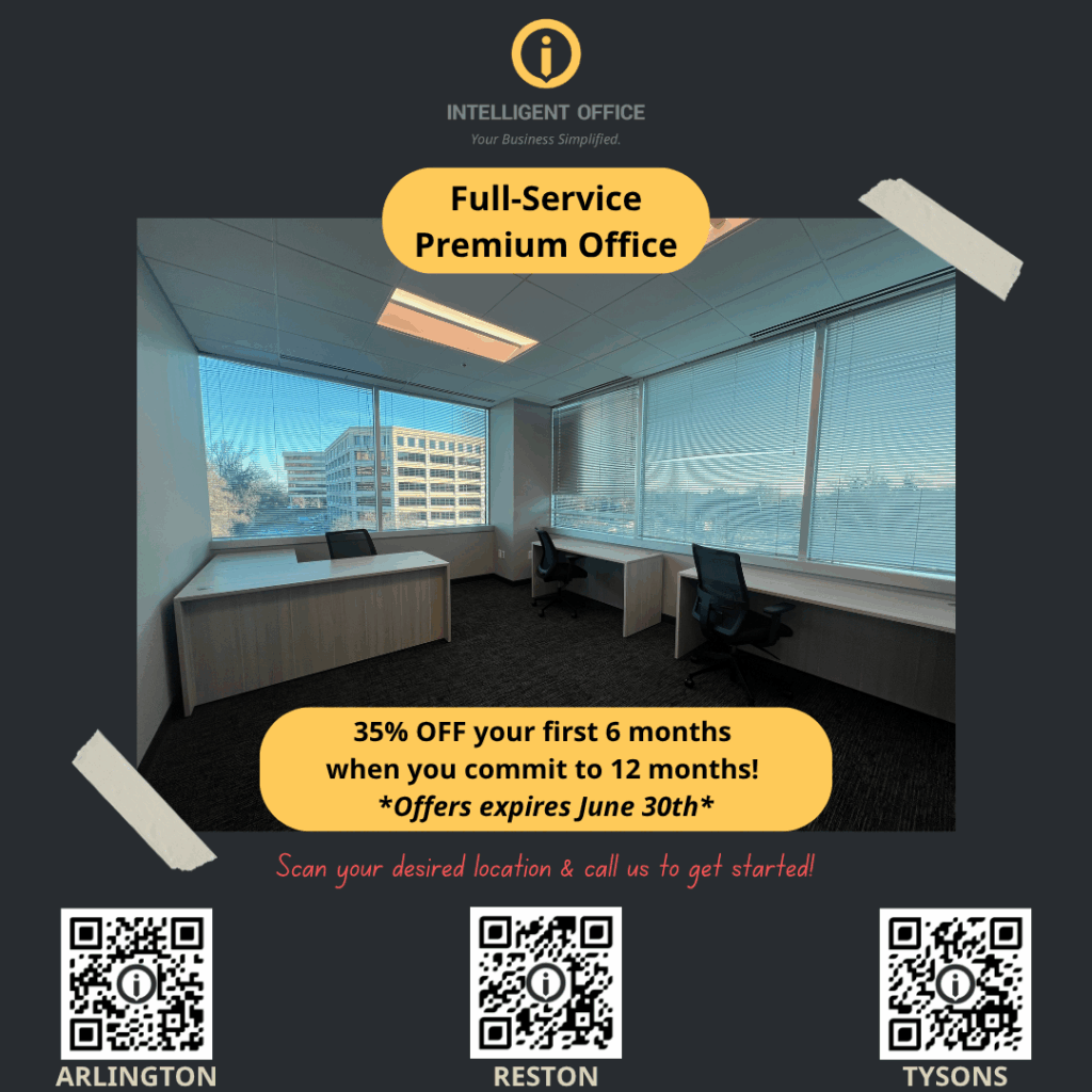 Intelligent Office, Full-Service Premium Office, 35% Off your first 6 months when you commit to 12 months, offer expires June 30th, Scan your desired location & call us to get started! 3 QR codes from left to right: Arlington, Teton, Tysons